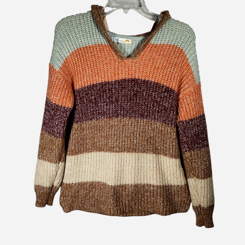 C&C California Striped Knit Hoodie Sweater V Neck Womens Medium Y2K Style